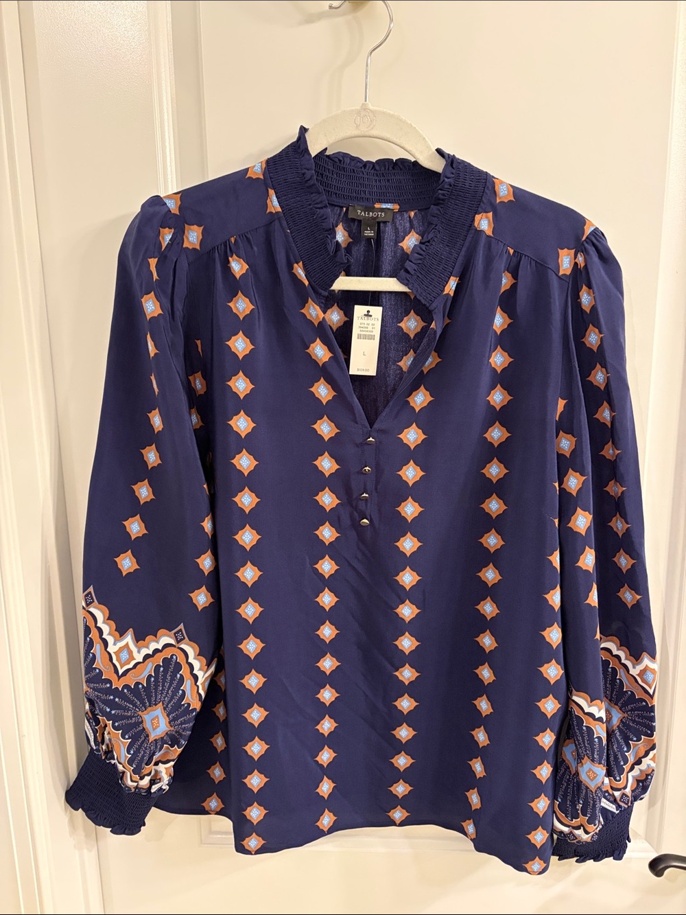 Talbots Navy Blouse with Rust and Light Blue Geometric Print